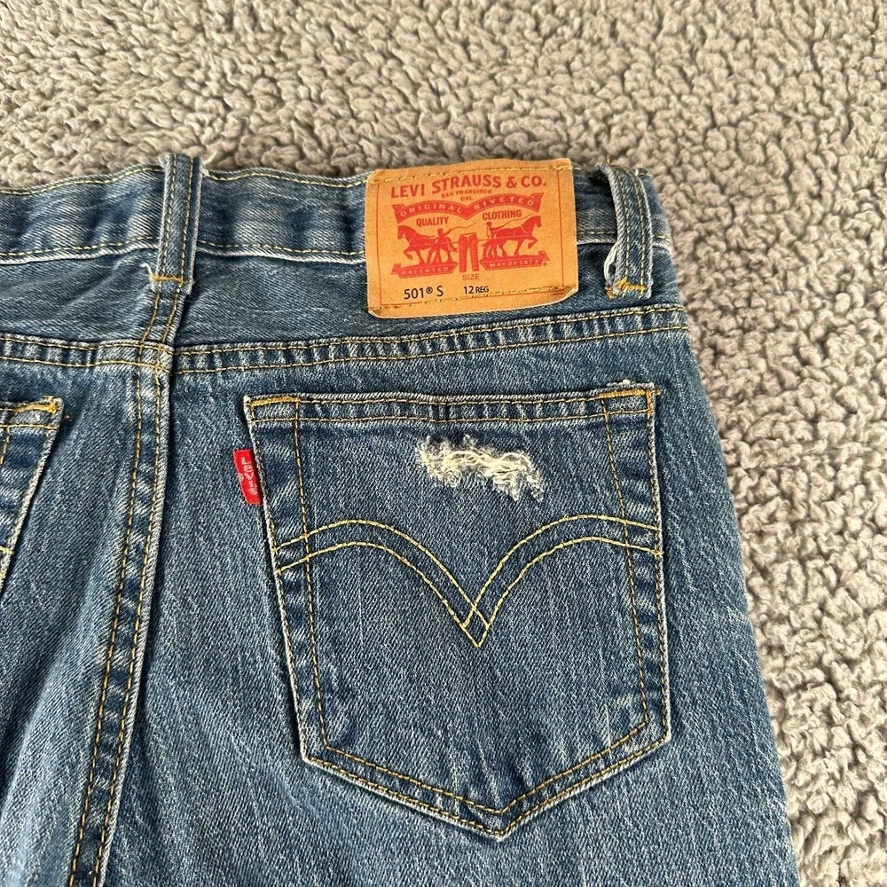 Levis 501 S Jeans Womens 12‎ Premium Button Fly Straight Leg Skinny Distressed